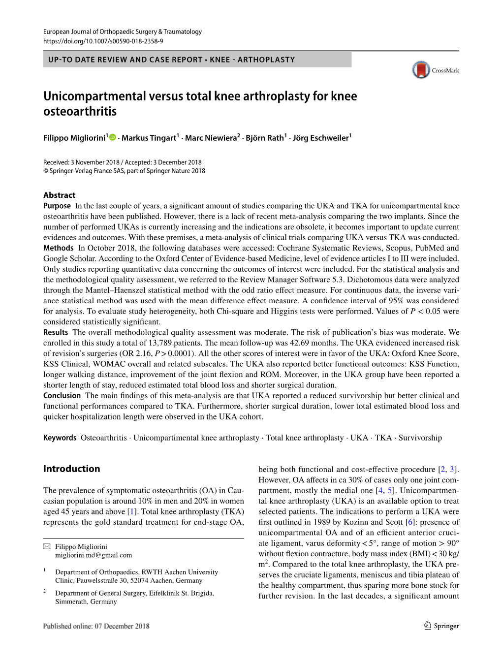 Unicompartmental Versus Total Knee Arthroplasty for Knee Osteoarthritis