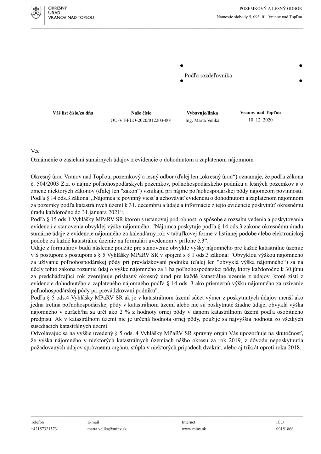 Oznámenie O Zasielaní Sumárnych Údajov Z Evidencie O Dohodnutom a Zaplatenom Nájomnom