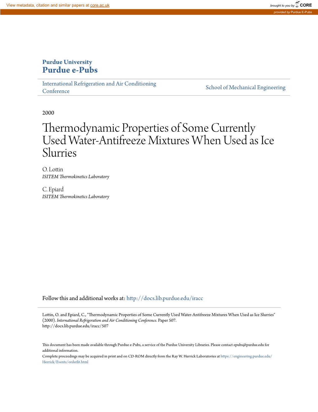 Thermodynamic Properties of Some Currently Used Water-Antifreeze Mixtures When Used As Ice Slurries O