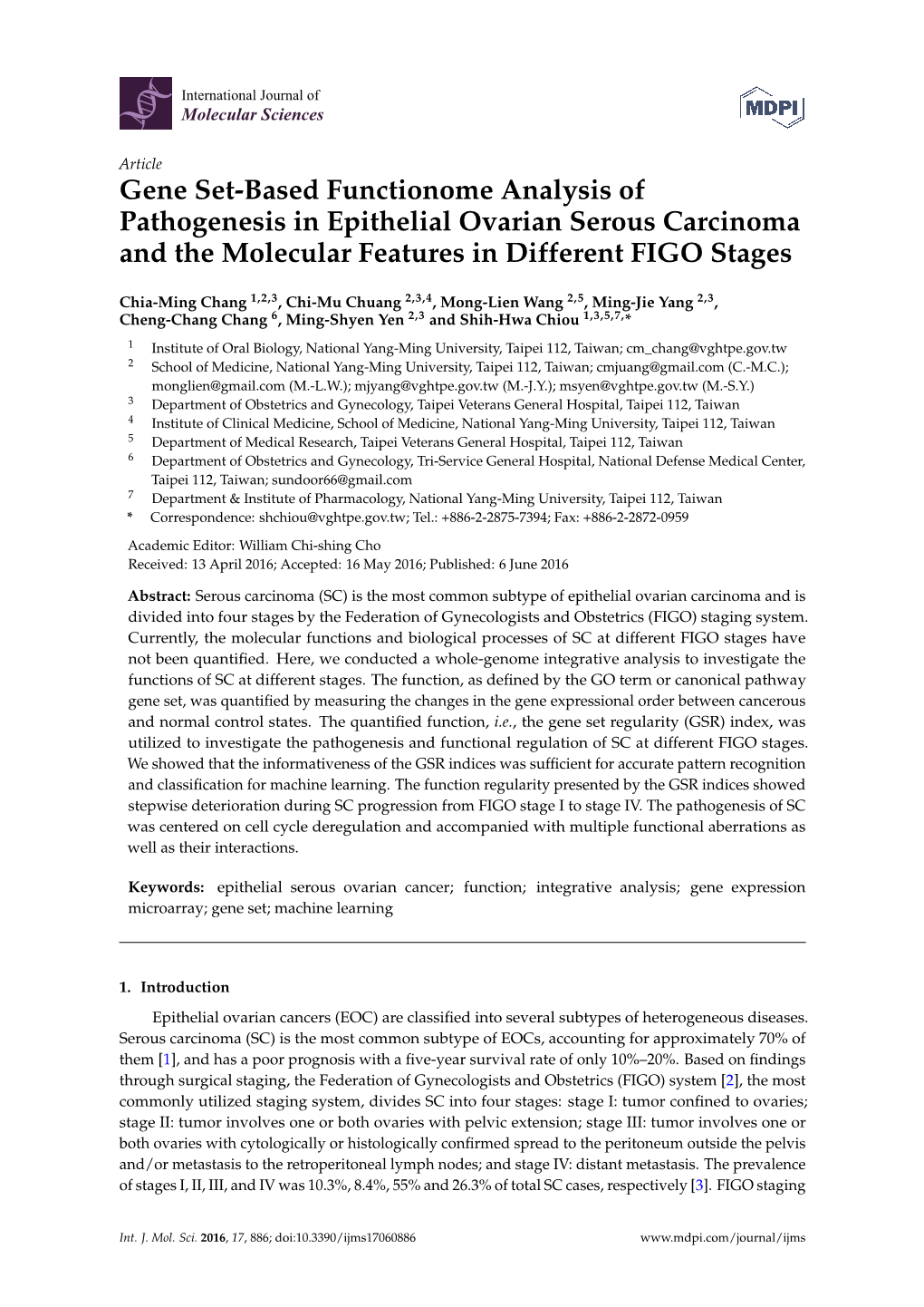 Gene Set-Based Functionome Analysis of Pathogenesis in Epithelial Ovarian Serous Carcinoma and the Molecular Features in Different FIGO Stages