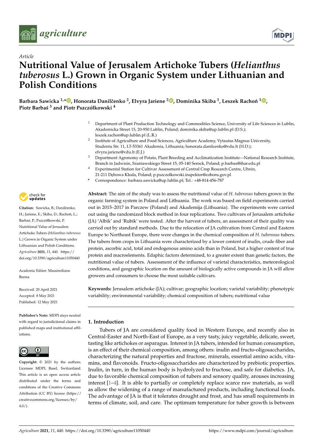 Nutritional Value of Jerusalem Artichoke Tubers (Helianthus Tuberosus L.) Grown in Organic System Under Lithuanian and Polish Conditions