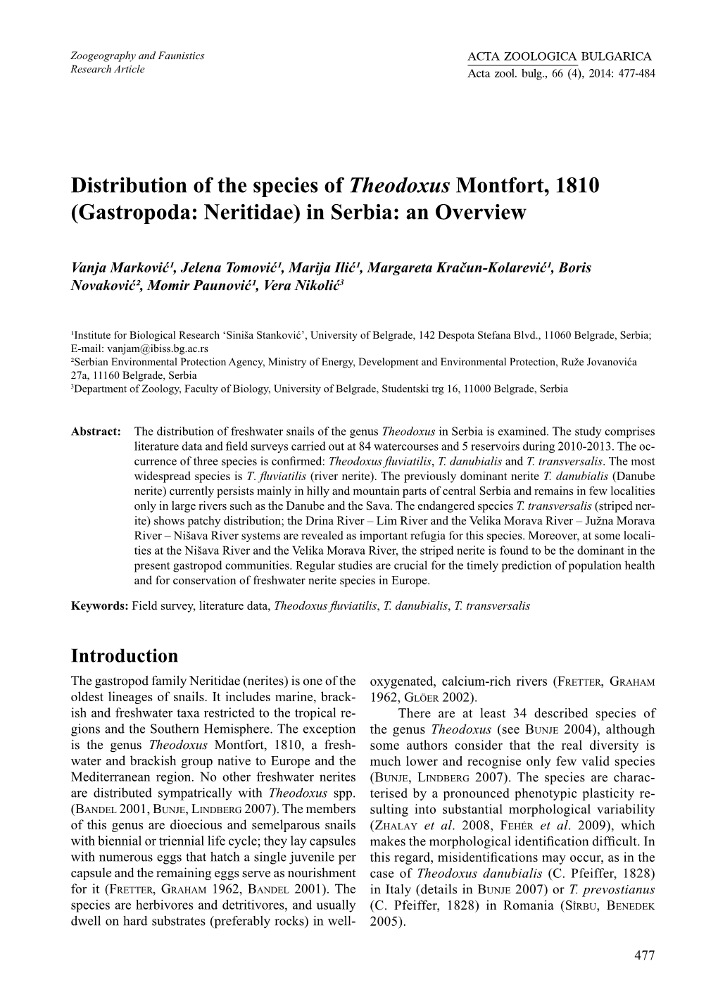 Distribution of the Species of Theodoxus Montfort, 1810 (Gastropoda: Neritidae) in Serbia: an Overview