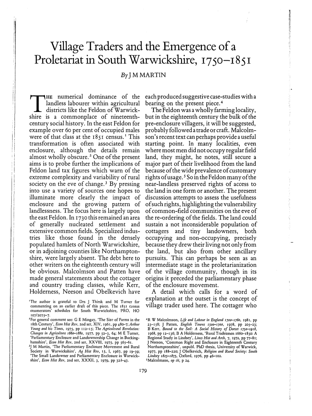 Village Traders and the Emergence of a Proletariat in South Warwickshire, 175 O-I 851 Byj M MARTIN