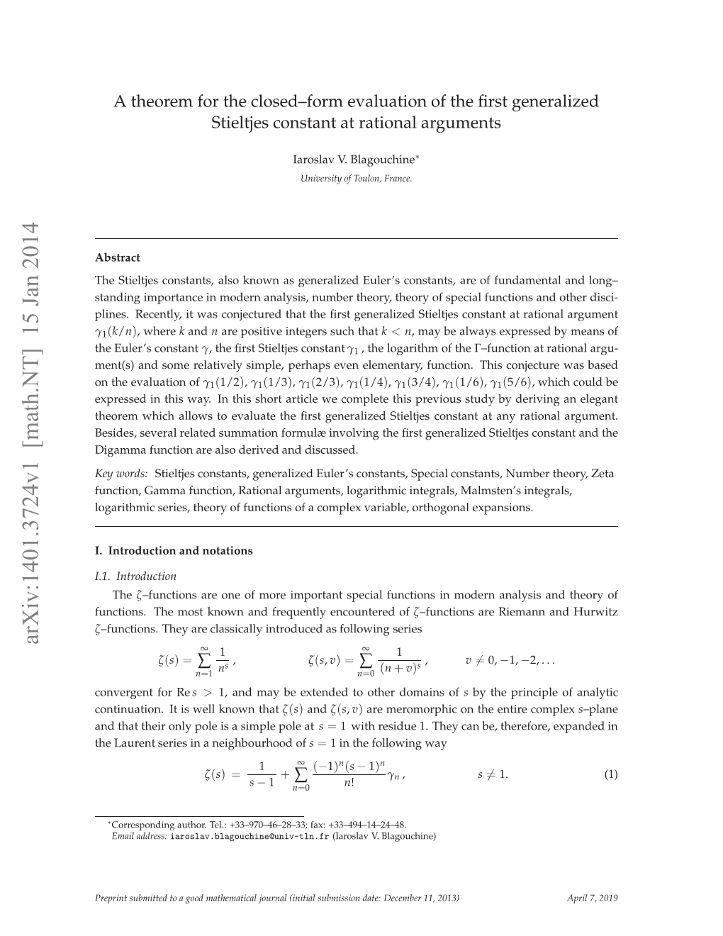 Arxiv:1401.3724V1 [Math.NT] 15 Jan 2014