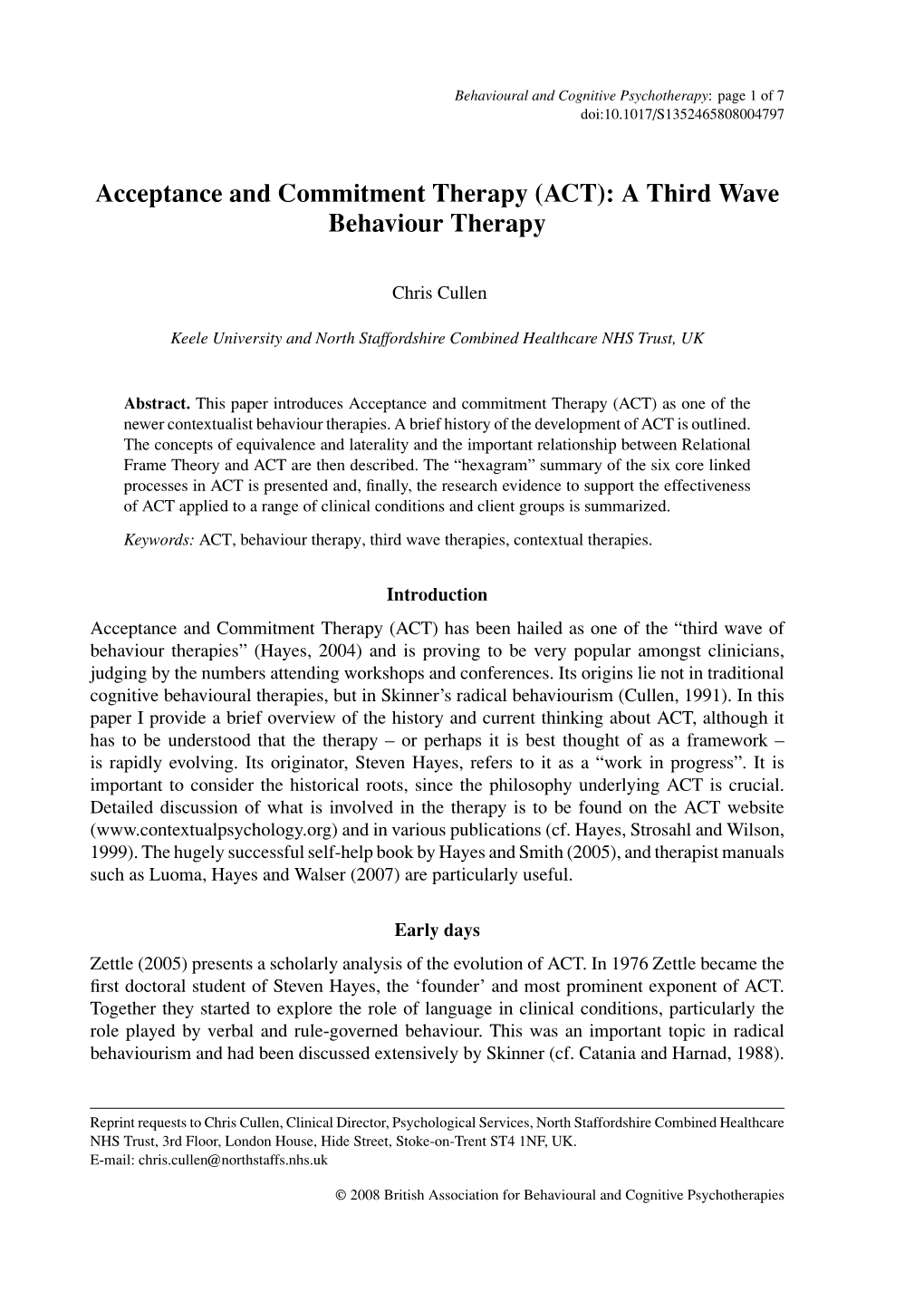 (ACT): a Third Wave Behaviour Therapy