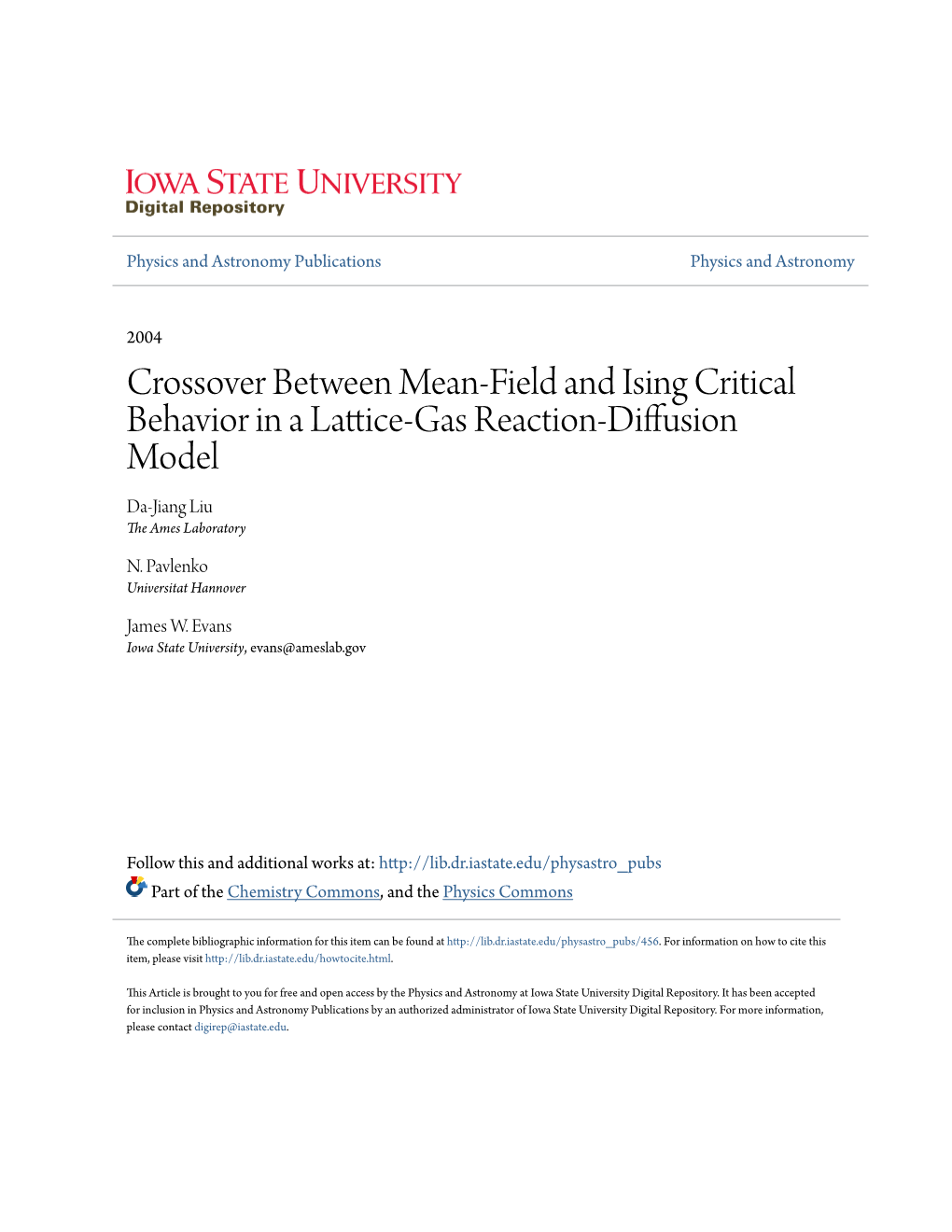 Crossover Between Mean-Field and Ising Critical Behavior in a Lattice-Gas Reaction-Diffusion Model Da-Jiang Liu the Ames Laboratory