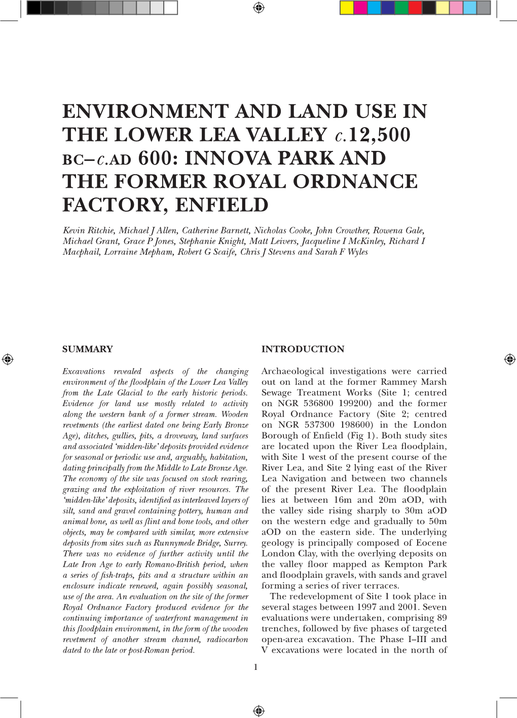 Environment and Land Use in the Lower Lea Valley C. 12500 BC