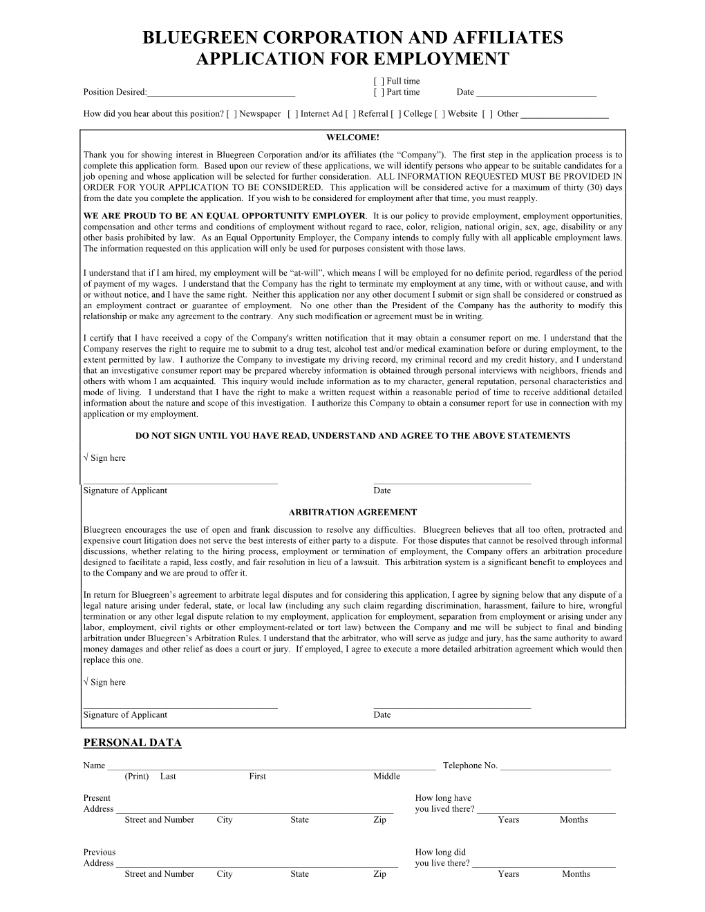 Bluegreen Corporation and Affiliates Application for Employment