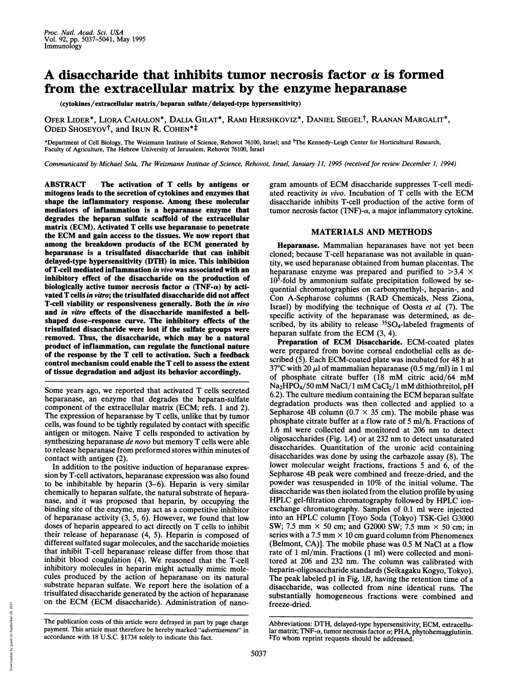 A Disaccharide That Inhibits Tumor Necrosis Factor a Is Formed from the Extracellular Matrix by the Enzyme Heparanase