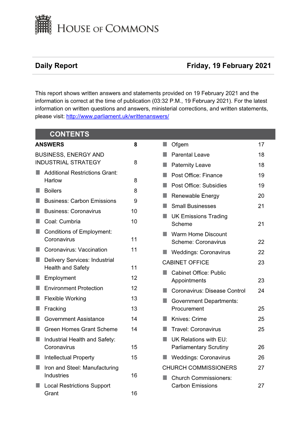 Daily Report Friday, 19 February 2021 CONTENTS