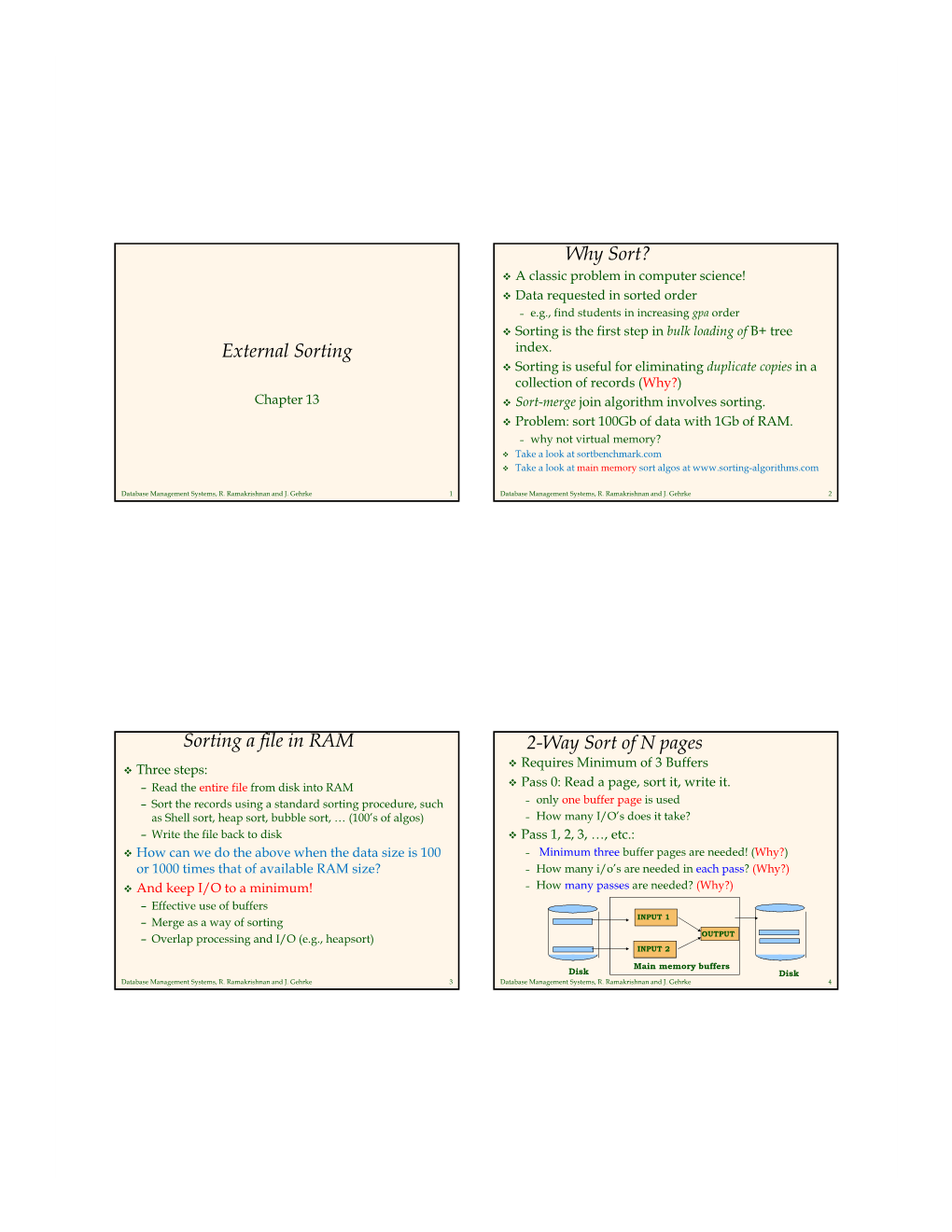 External Sorting Why Sort? Sorting a File in RAM 2-Way Sort of N Pages