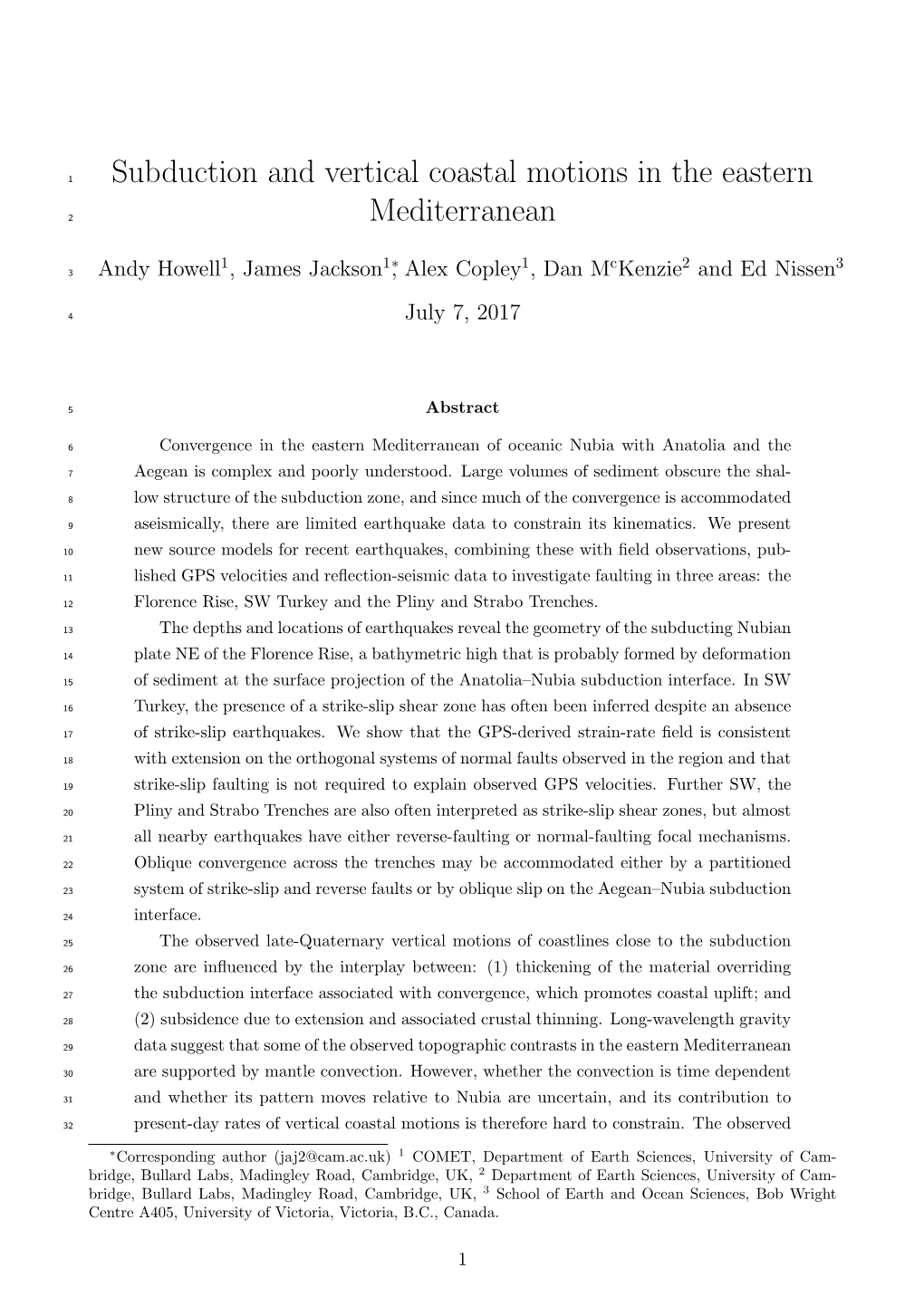 Subduction and Vertical Coastal Motions in the Eastern Mediterranean