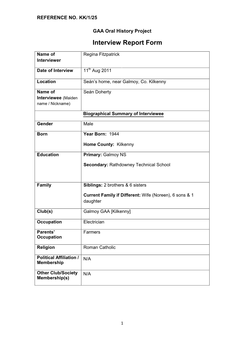 GAA Oral History Project Interview Report Form