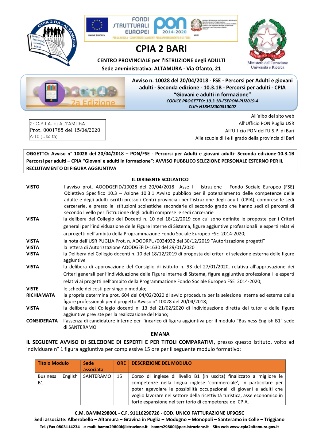 CPIA 2 BARI CENTRO PROVINCIALE Per L’ISTRUZIONE Degli ADULTI