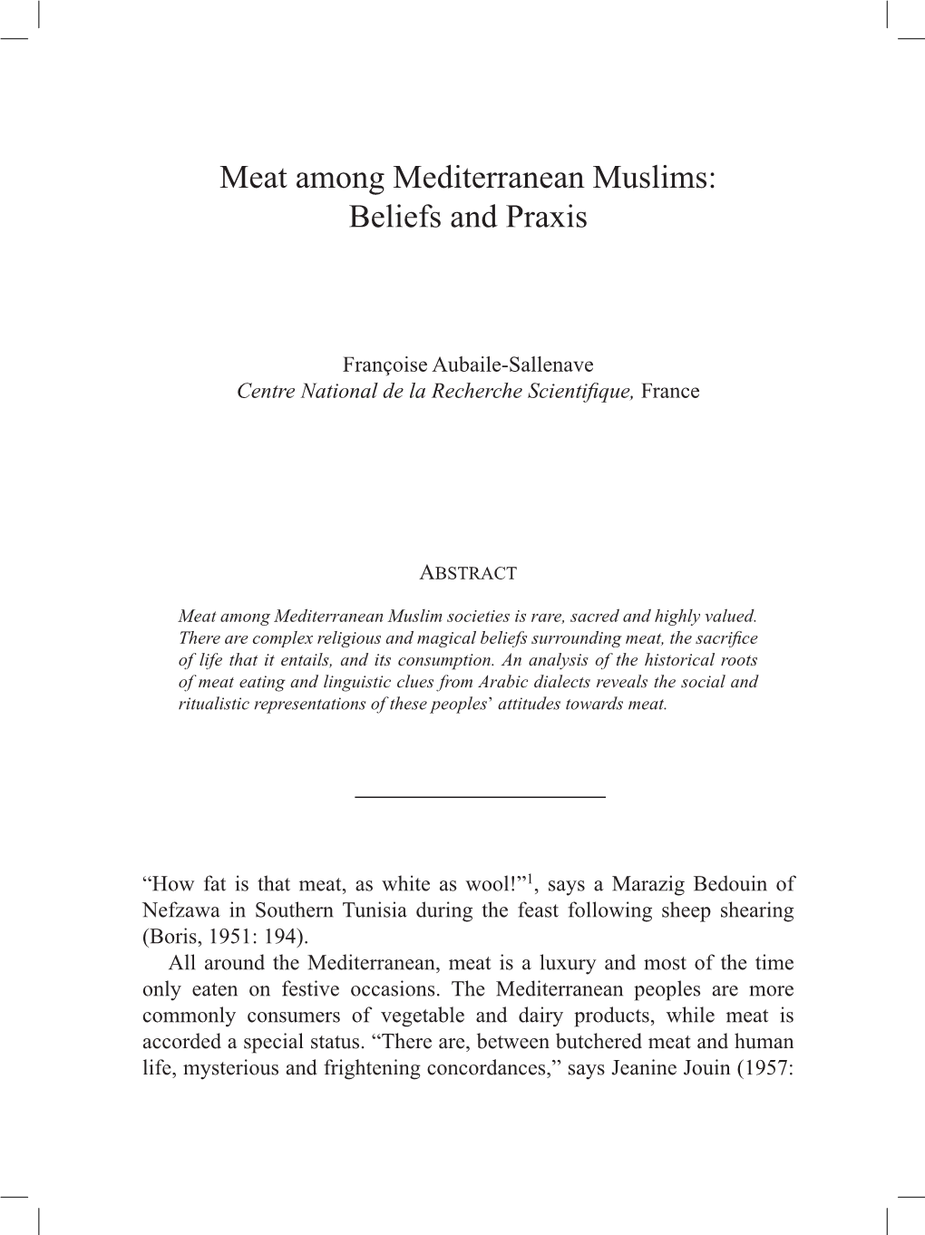 Meat Among Mediterranean Muslims: Beliefs and Praxis