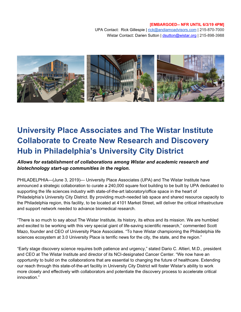 University Place Associates and the Wistar Institute Collaborate to Create New Research and Discovery Hub in Philadelphia's Un