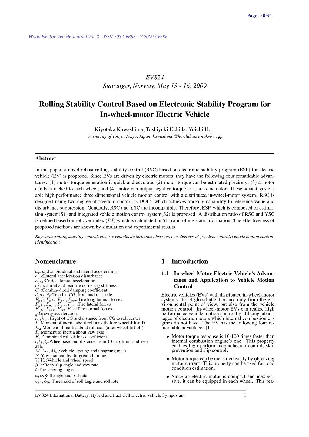 Rolling Stability Control Based on Electronic Stability Program for In-Wheel-Motor Electric Vehicle
