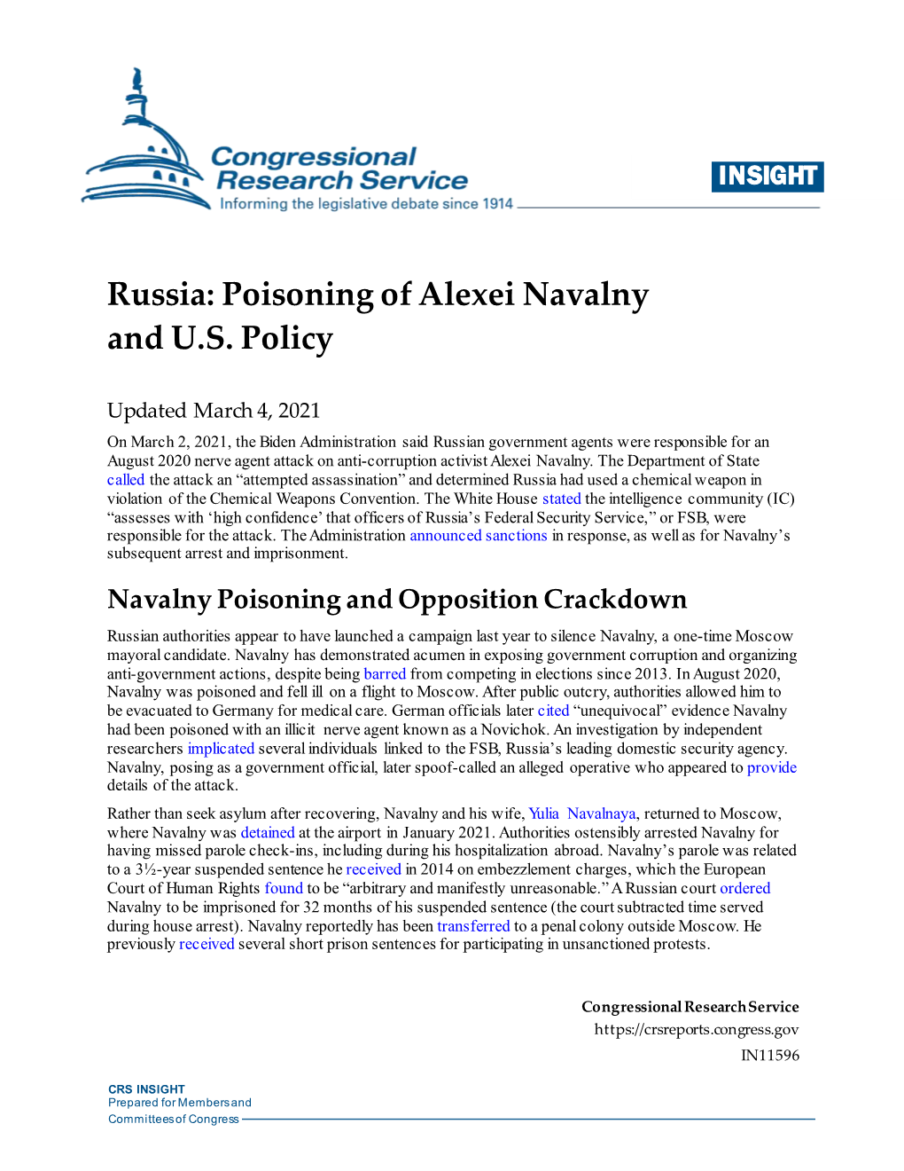 Russia: Poisoning of Alexei Navalny and U.S. Policy