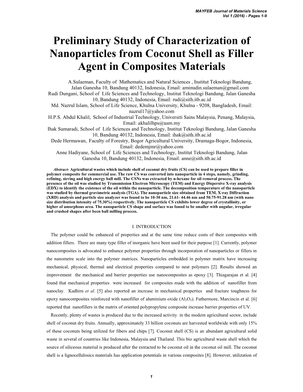 Preliminary Study of Characterization of Nanoparticles from Coconut Shell As Filler Agent in Composites Materials