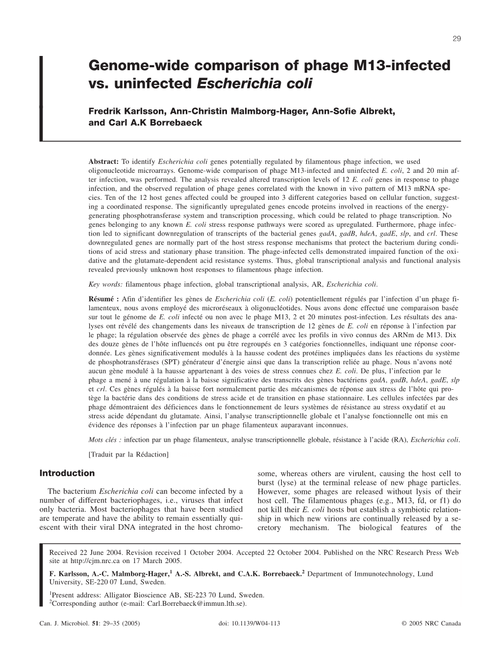 Genome-Wide Comparison of Phage M13-Infected Vs. Uninfected Escherichia Coli