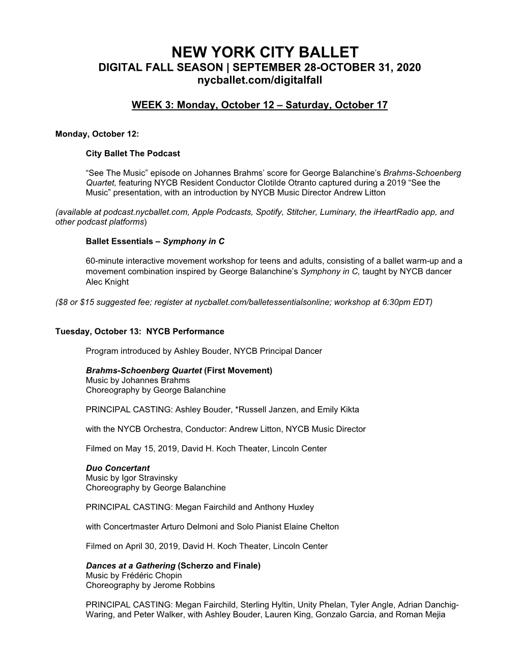 NEW YORK CITY BALLET DIGITAL FALL SEASON | SEPTEMBER 28-OCTOBER 31, 2020 Nycballet.Com/Digitalfall