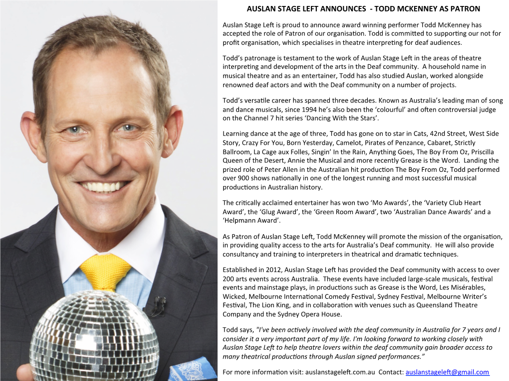 Auslan Stage Left Announces -‐ Todd Mckenney As Patron