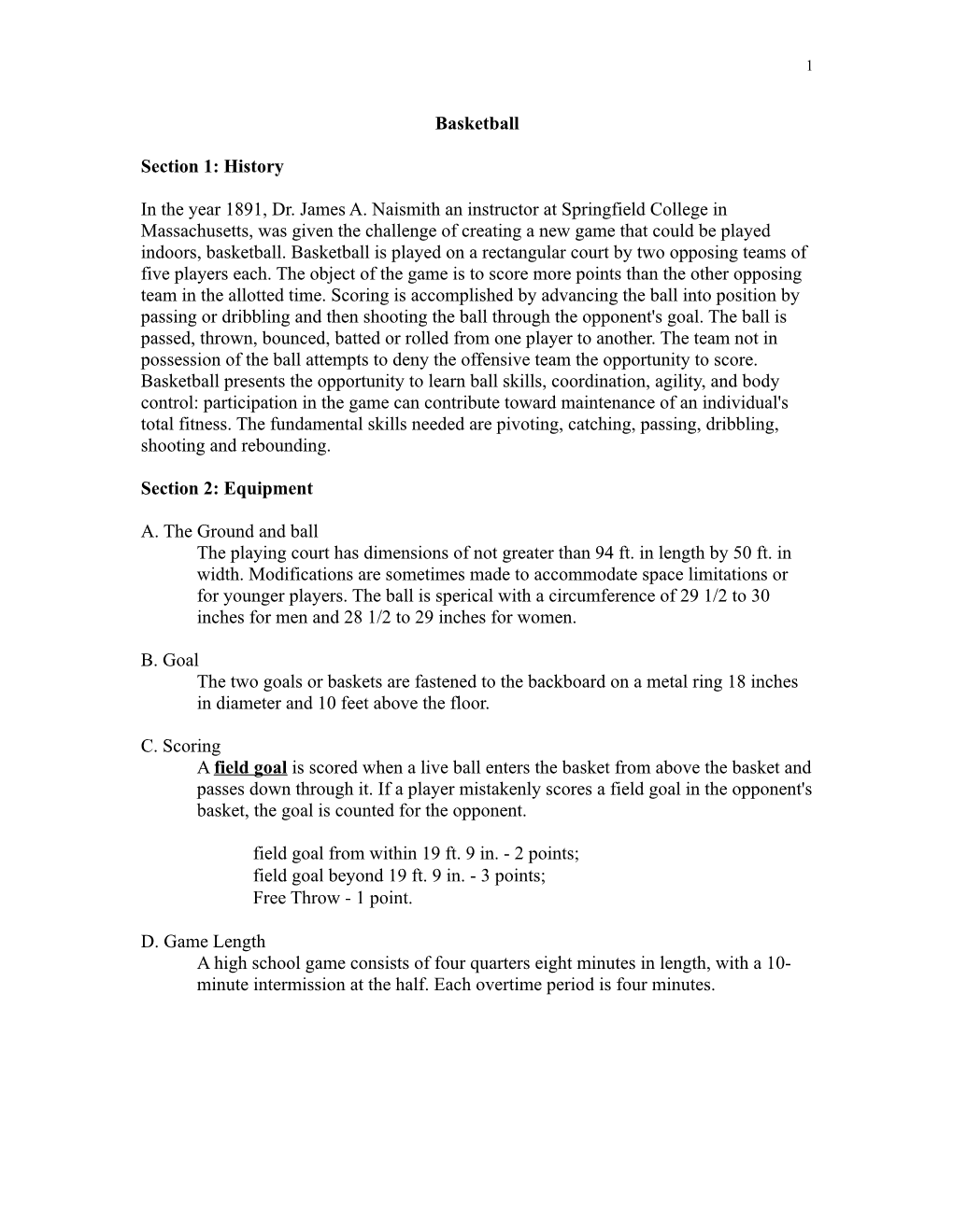 Basketball Section 1: History in the Year 1891, Dr. James A. Naismith