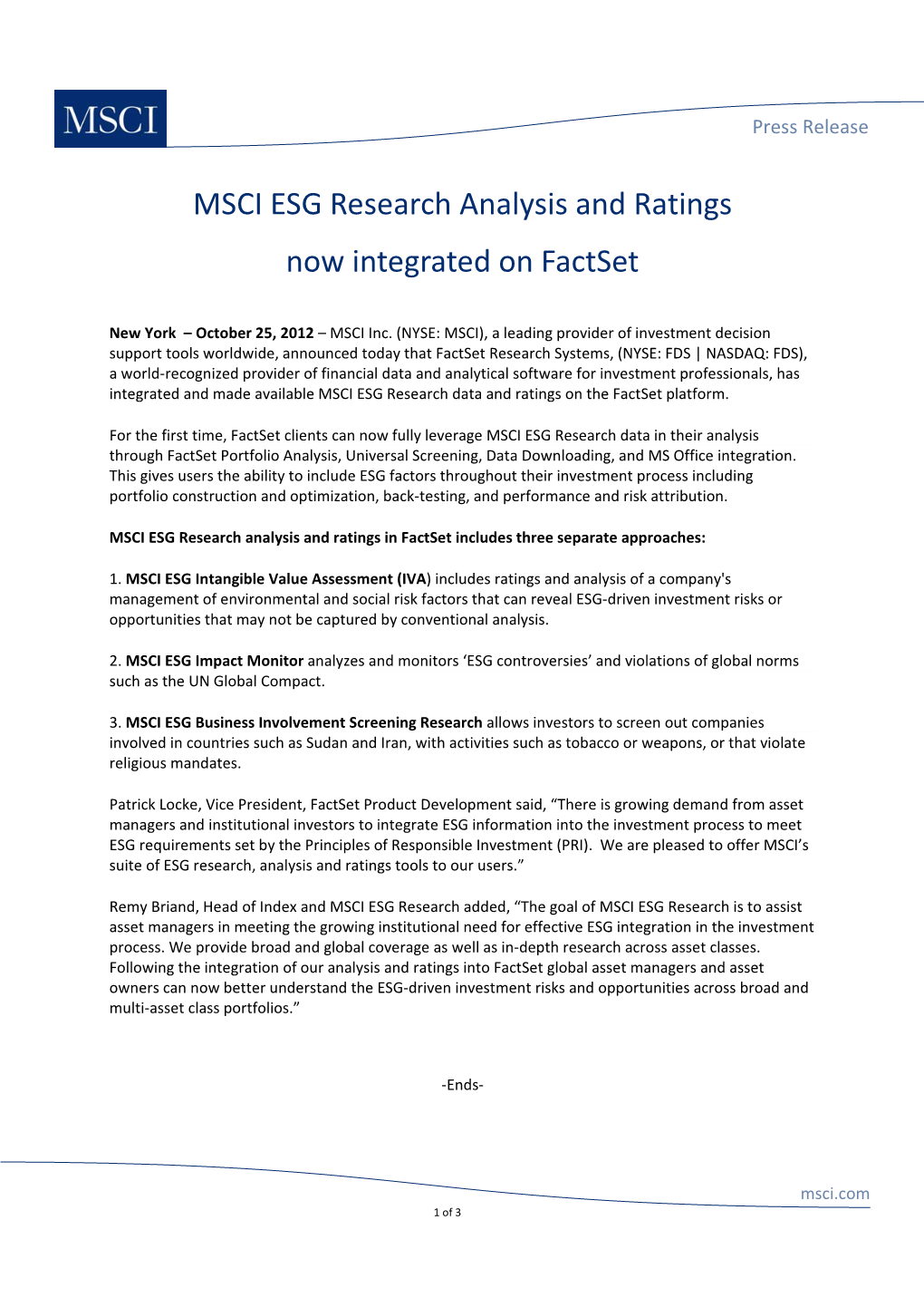 MSCI ESG Research Analysis and Ratings Now Integrated on Factset