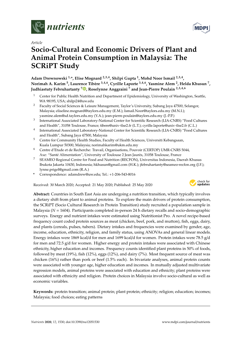 Socio-Cultural and Economic Drivers of Plant and Animal Protein Consumption in Malaysia: the Script Study