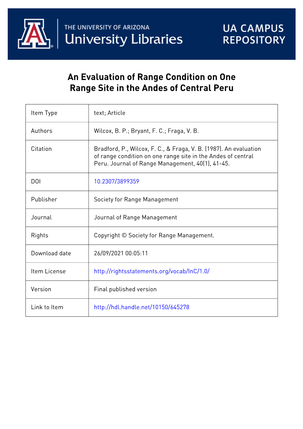 An Evaluation of Range Condition on One Range Site in the Andes of Central Peru