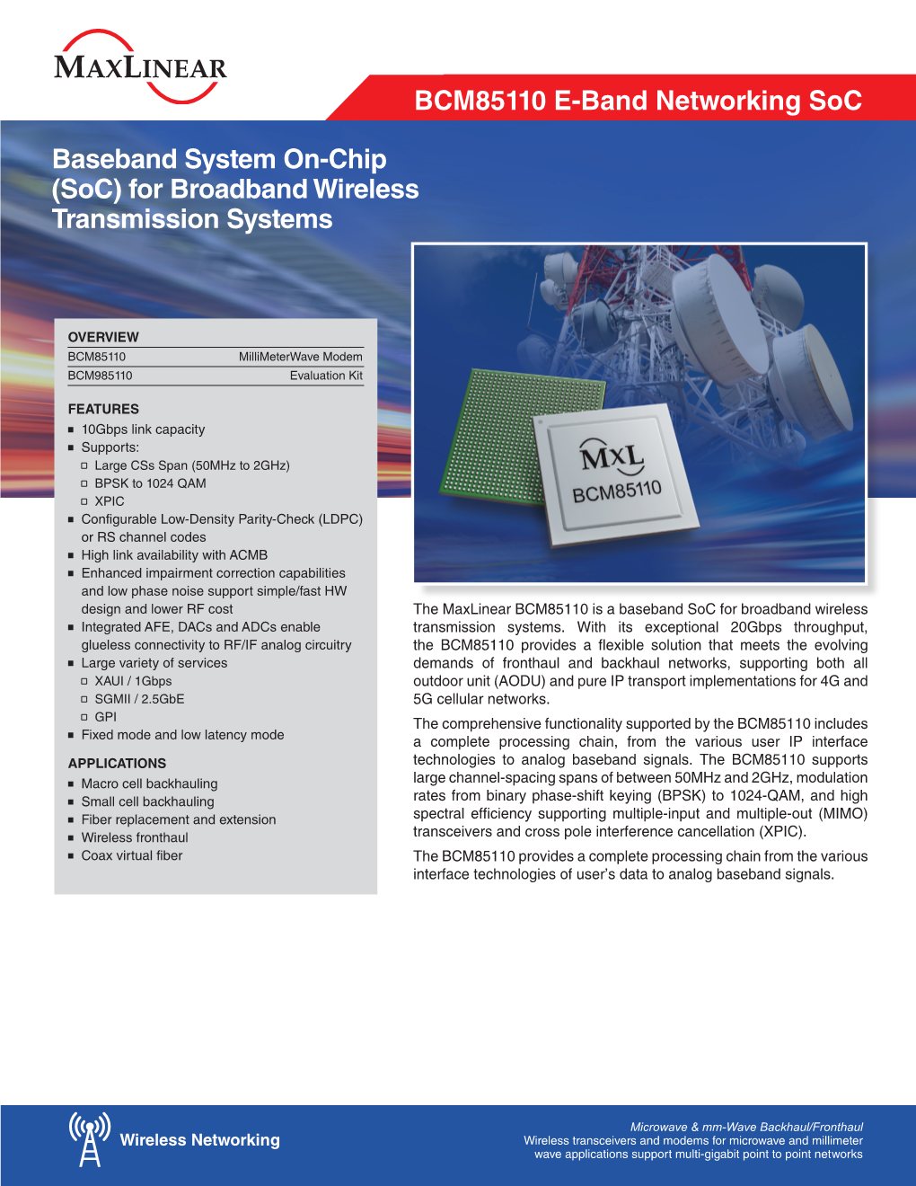 For Broadband Wireless Transmission Systems BCM85110 E-Band