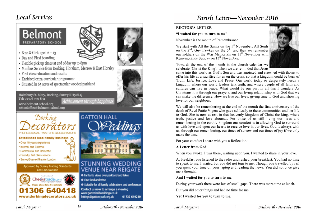 Local Services Parish Letter—November 2016 RECTOR’S LETTER “I Waited for You to Turn to Me” November Is the Month of Remembrance