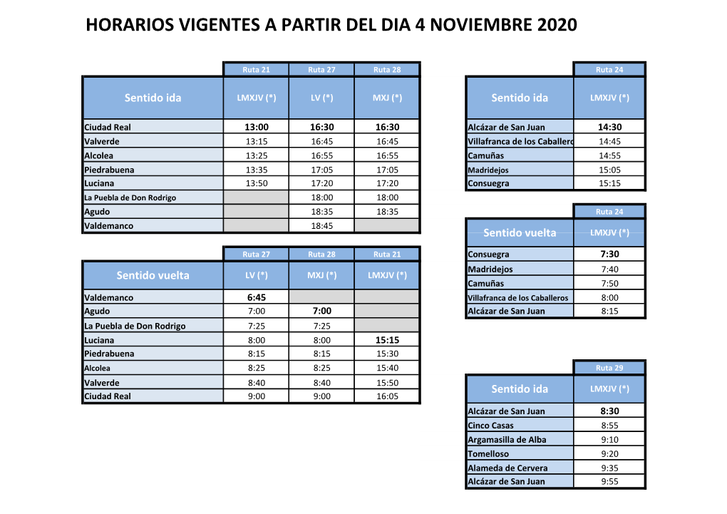 Horarios Vigentes a Partir Del Dia 4 Noviembre 2020