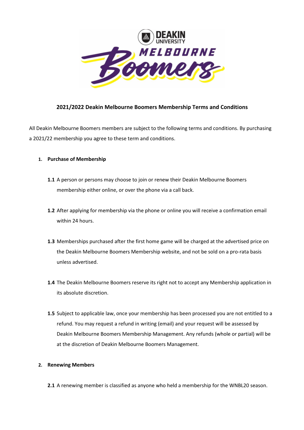 2021/2022 Deakin Melbourne Boomers Membership Terms and Conditions