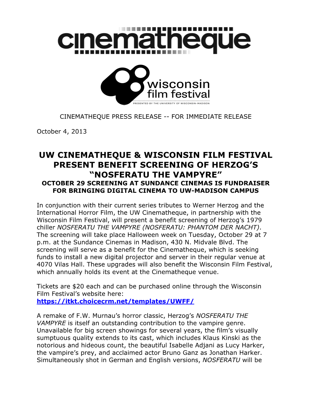 Nosferatu the Vampyre” October 29 Screening at Sundance Cinemas Is Fundraiser for Bringing Digital Cinema to Uw-Madison Campus