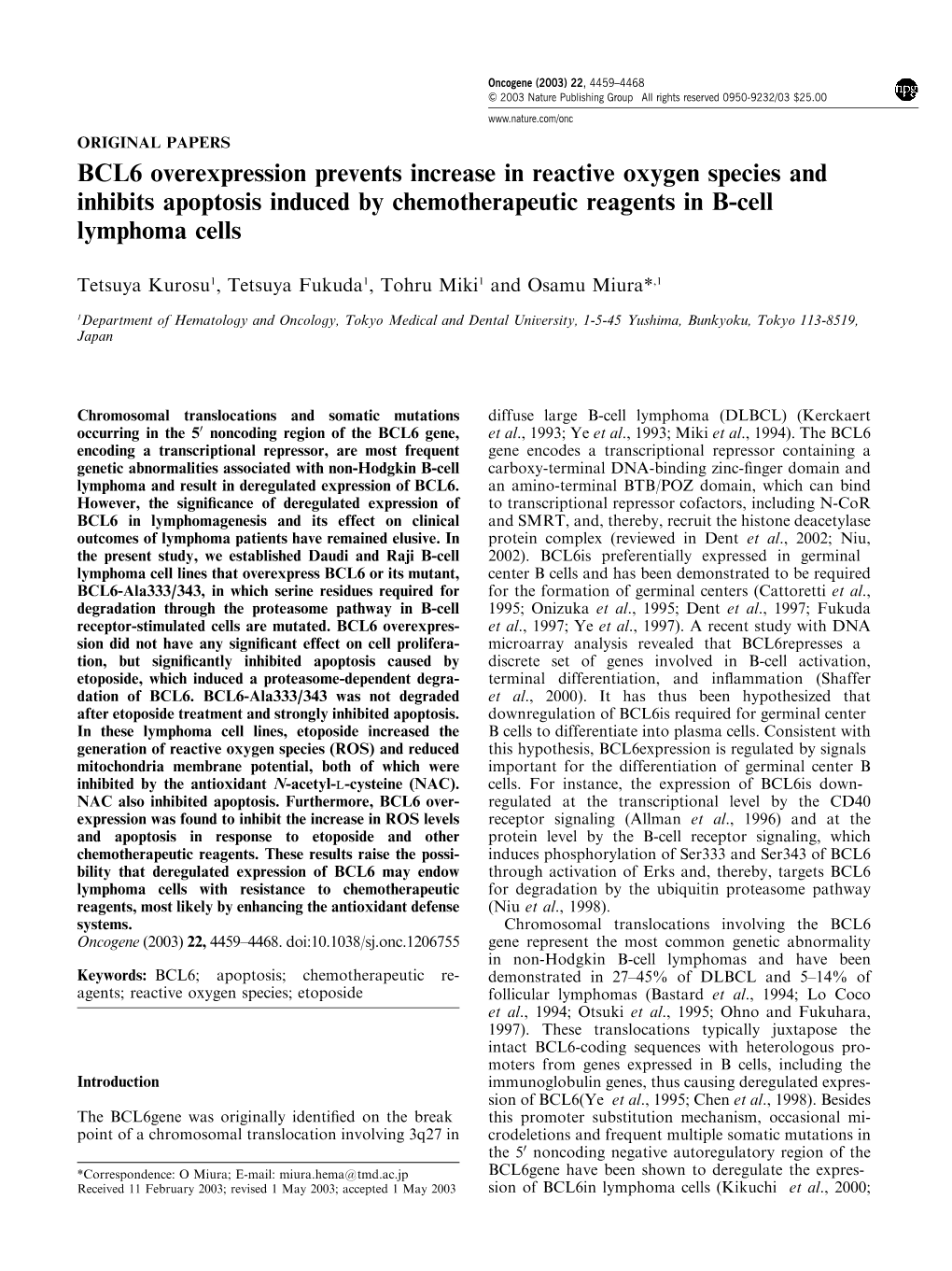 BCL6 Overexpression Prevents Increase in Reactive Oxygen Species and Inhibits Apoptosis Induced by Chemotherapeutic Reagents in B-Cell Lymphoma Cells