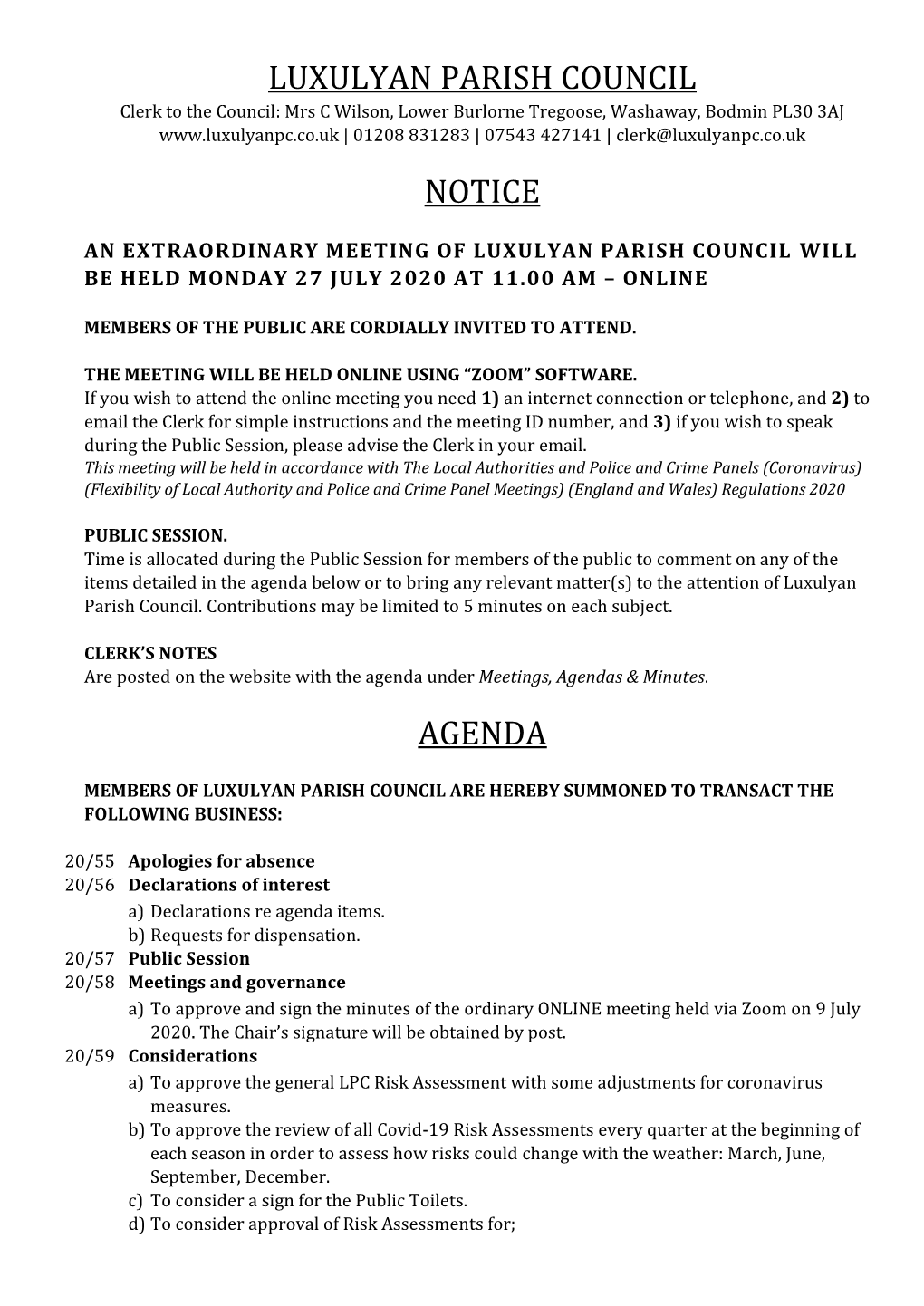 Luxulyan Parish Council Notice Agenda