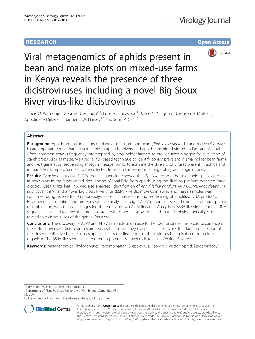 Viral Metagenomics of Aphids Present in Bean and Maize Plots on Mixed