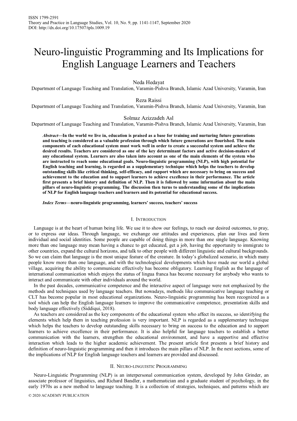 Neuro-Linguistic Programming and Its Implications for English Language Learners and Teachers