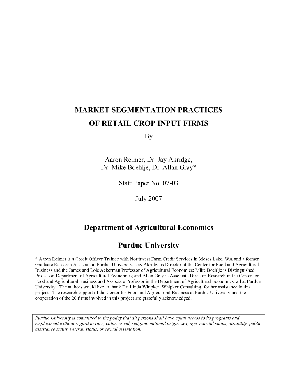 MARKET SEGMENTATION PRACTICES of RETAIL CROP INPUT FIRMS By