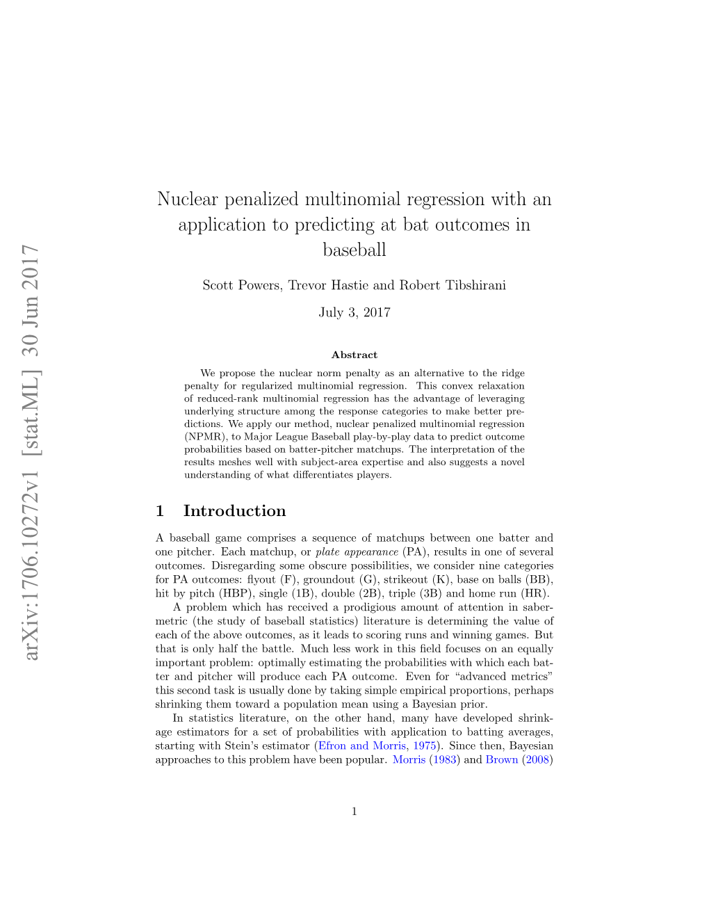 Nuclear Penalized Multinomial Regression with an Application to Predicting at Bat Outcomes in Baseball