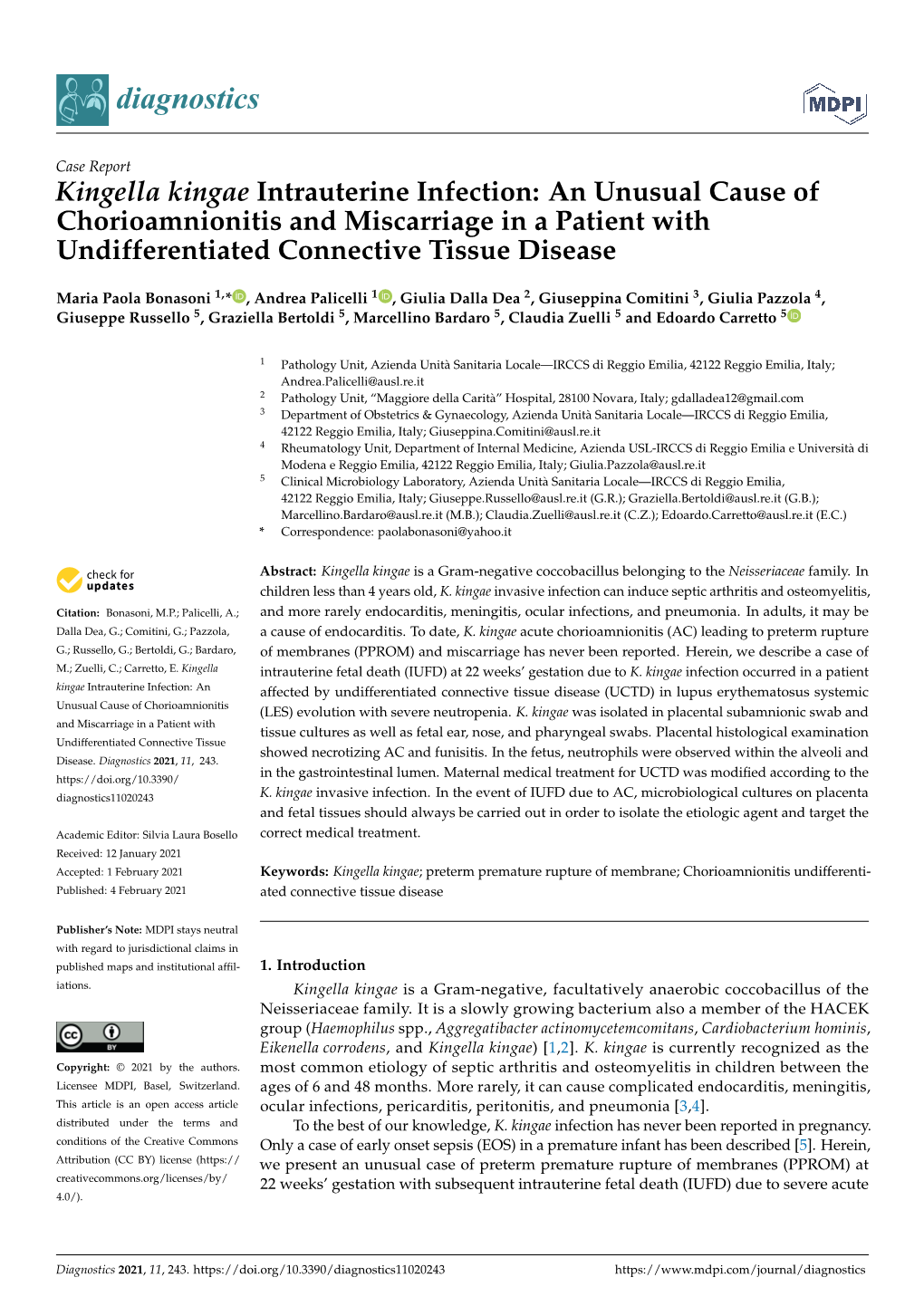 Kingella Kingae Intrauterine Infection: an Unusual Cause of Chorioamnionitis and Miscarriage in a Patient with Undifferentiated Connective Tissue Disease