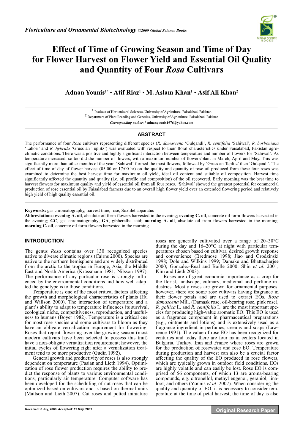 Effect of Time of Growing Season and Time of Day for Flower Harvest on Flower Yield and Essential Oil Quality and Quantity of Four Rosa Cultivars