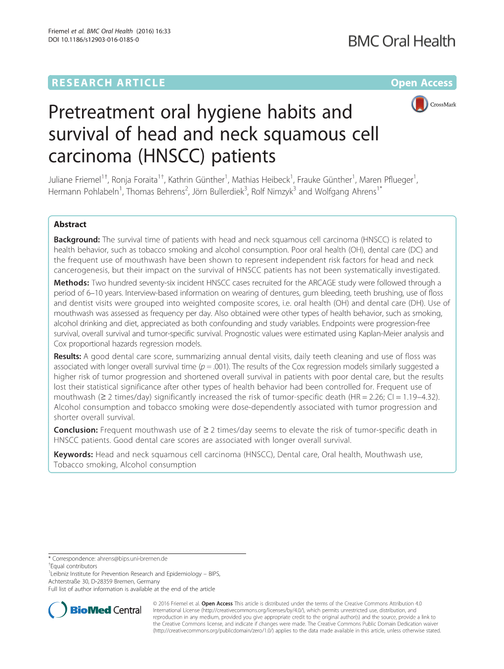 Pretreatment Oral Hygiene Habits and Survival of Head and Neck