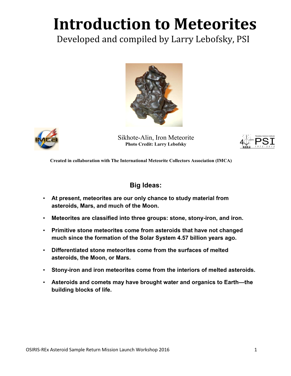 Introduction to Meteorites Developed and Compiled by Larry Lebofsky, PSI