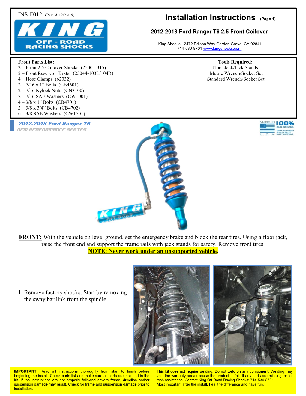 INS-F012 2012-2018 Ford Ranger T6 Front Coilover