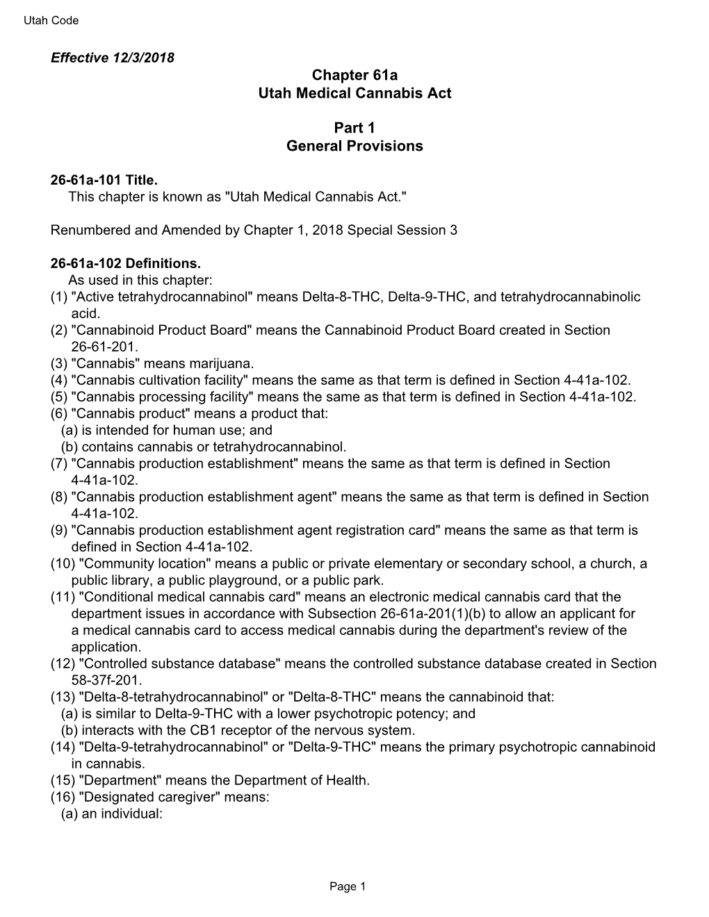 Chapter 61A Utah Medical Cannabis Act Part 1 General Provisions