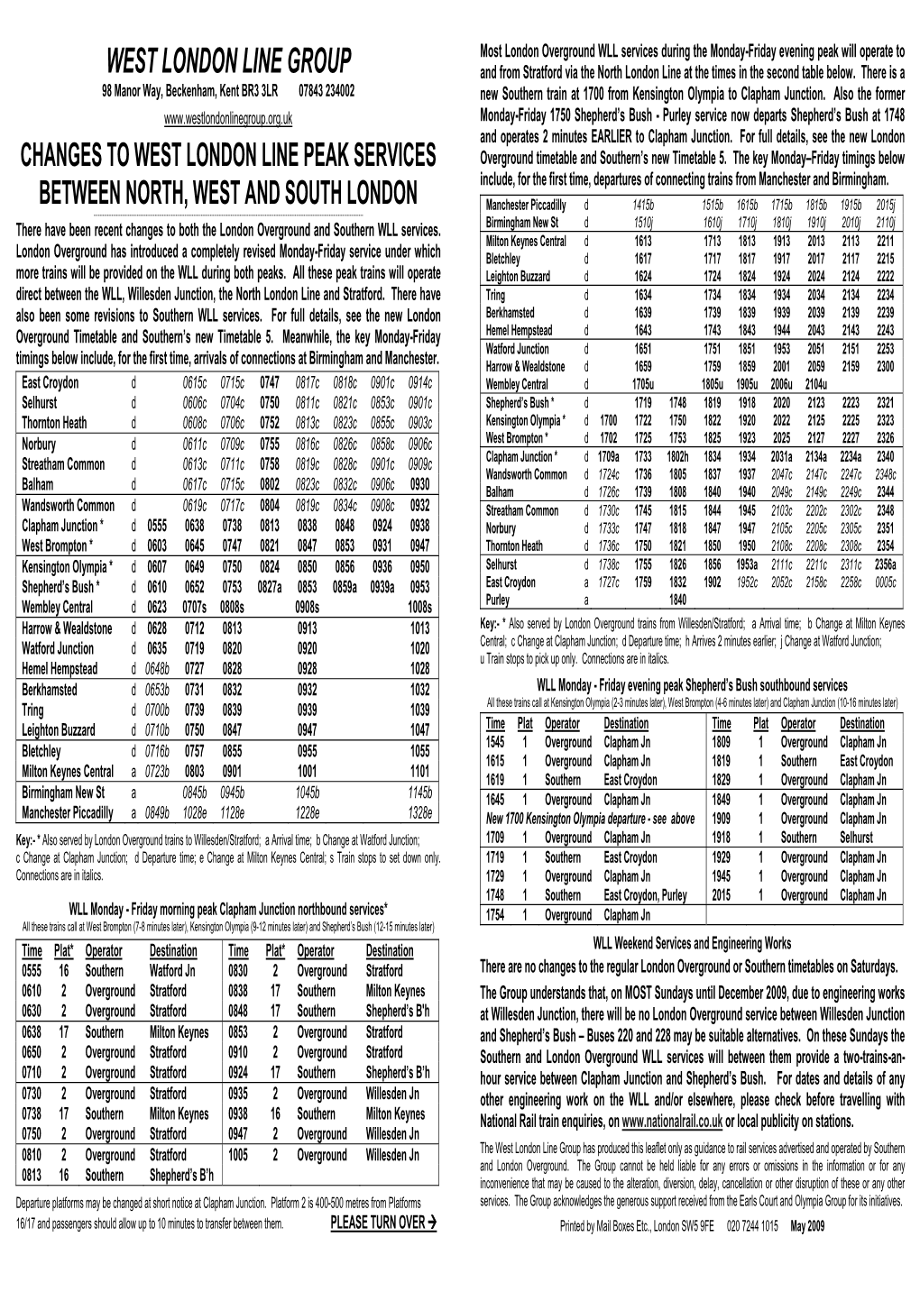 CHANGES to WEST LONDON LINE PEAK SERVICES Overground Timetable and Southern’S New Timetable 5