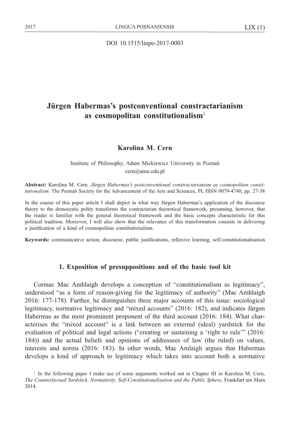 Jürgen Habermas's Postconventional Constractarianism As Cosmopolitan