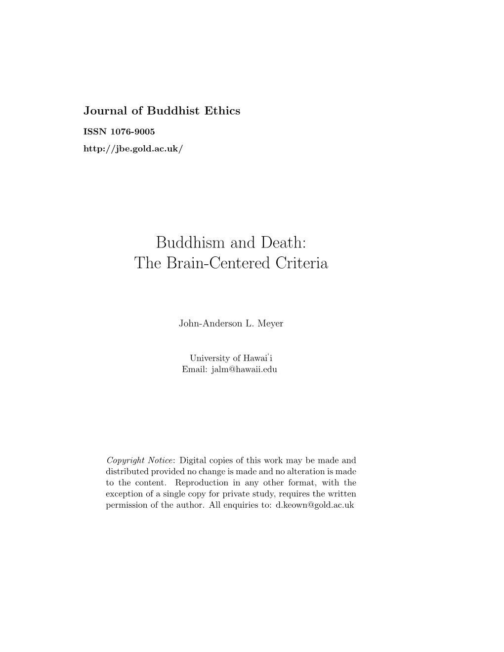 Buddhism and Death: the Brain-Centered Criteria